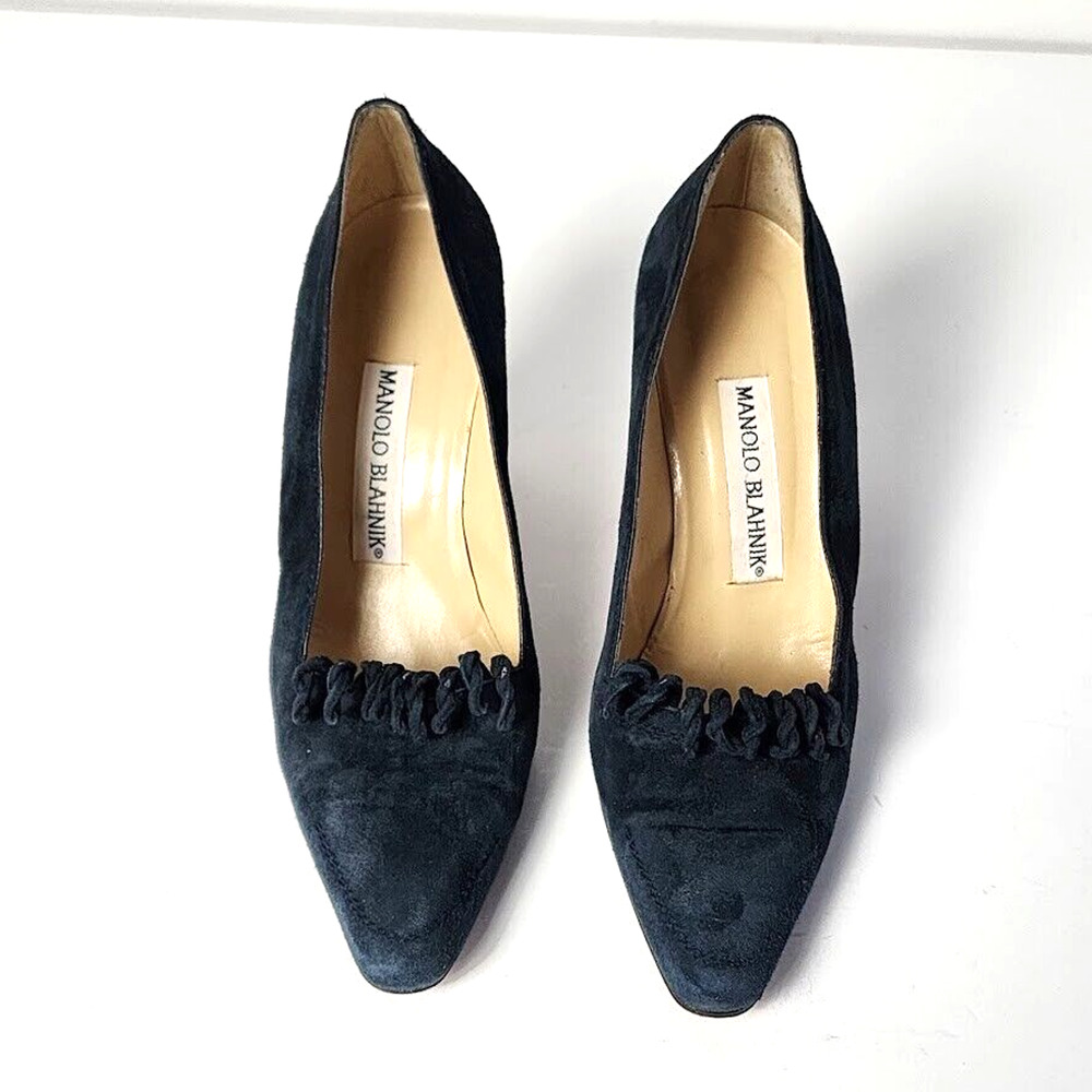 Manolo Blahnik Shoes Womens Size 7 (37) Dark Green Suede 3.5" Heels Ruffle VTG